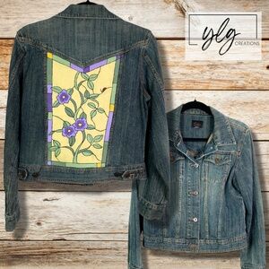 Denim Jean Jacket Hand Painted Purple Pansy Flowers Boho Riders Trucker Medium